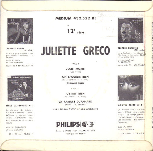 Juliette Gréco : 12e Série (7", EP, Mono)