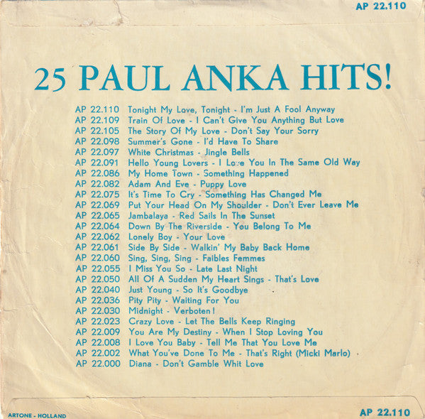 Paul Anka : Tonight - My Love - Tonight (7")