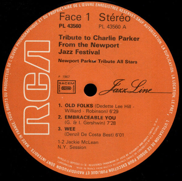 Newport Parker Tribute All Stars + Jackie McLean : Tribute To Charlie Parker From The Newport Jazz Festival + New York Session (LP, Album, RE)