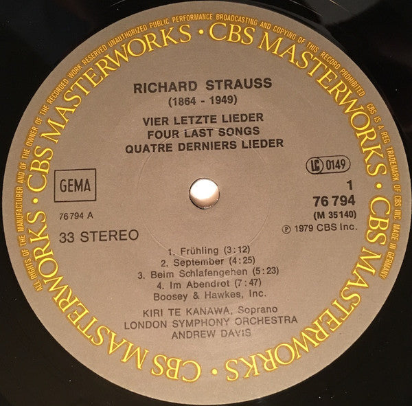 Richard Strauss - Kiri Te Kanawa, Andrew Davis, London Symphony Orchestra : Four Last Songs · Vier Letzte Lieder · Quatre Derniers Lieder (LP)
