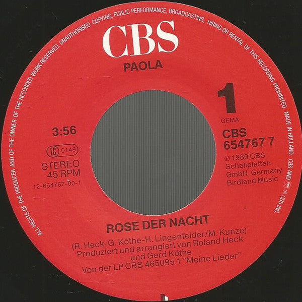 Paola (2) : Rose Der Nacht (7", Single)