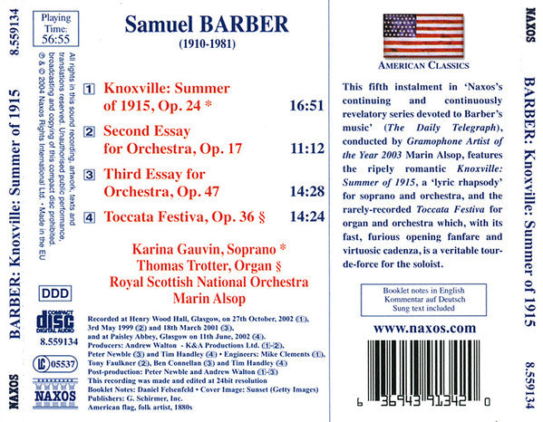 Samuel Barber, Karina Gauvin • Thomas Trotter • Royal Scottish National Orchestra • Marin Alsop : Knoxville: Summer Of 1915 • Essays For Orchestra Nos. 2 And 3 (CD, Album, RE)