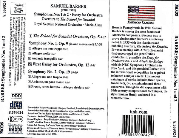 Samuel Barber, Royal Scottish National Orchestra • Marin Alsop : Orchestral Works, Volume 1 - Symphonies Nos 1 And 2 (CD, Album)