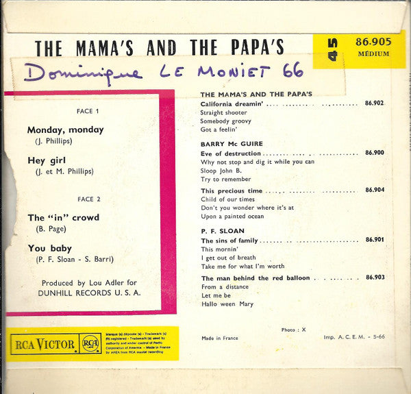The Mamas & The Papas : Monday, Monday (7", EP, Mono)