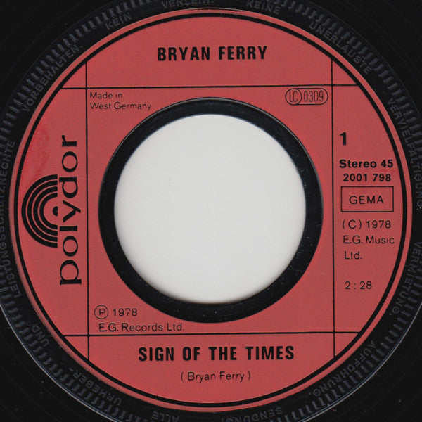 Bryan Ferry : Sign Of The Times (7", Single)
