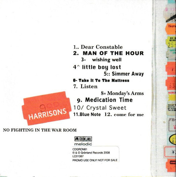 Harrisons : No Fighting In The War Room (CD, Album, Promo, Car)