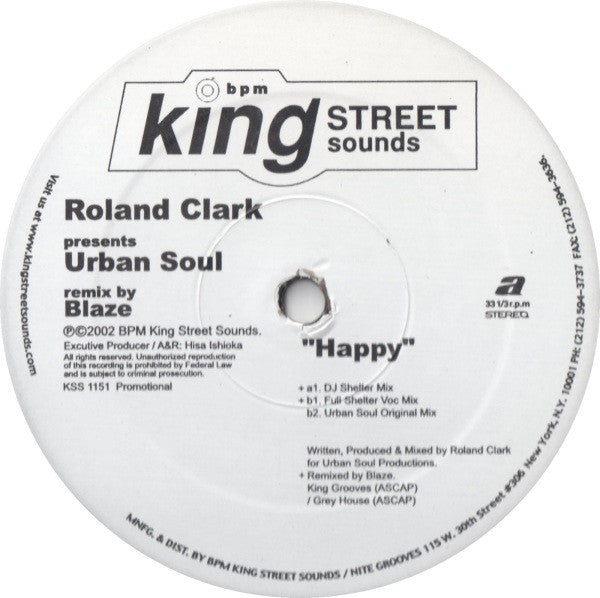 Roland Clark Presents Urban Soul : Happy (12", Promo)