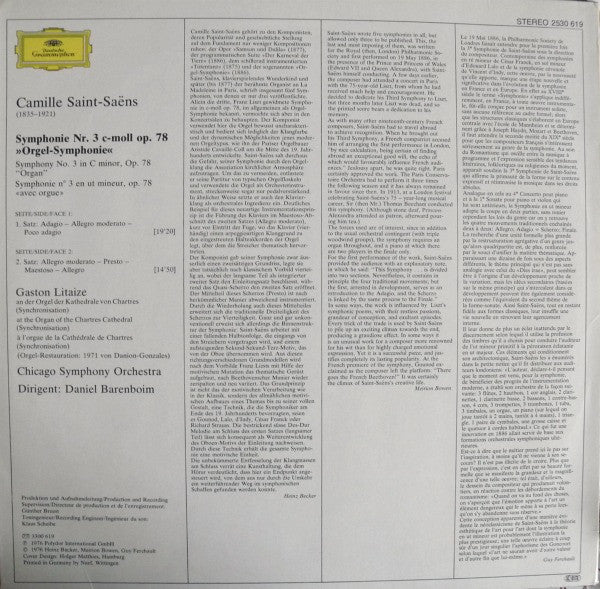 Camille Saint-Saëns – Gaston Litaize · Chicago Symphony Orchestra, Daniel Barenboim : Symphony No.3 "Organ" · „Orgel-Symphonie“ (LP, RP)