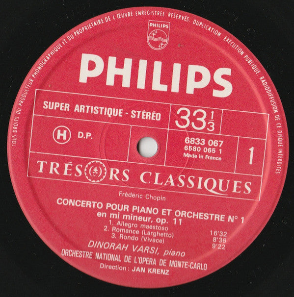 Frédéric Chopin – Dinorah Varsi, Orchestre National De L'Opéra De Monte-Carlo , Direction Jan Krenz : Les 2 Concertos Pour Piano Et Orchestre (LP, Gat)