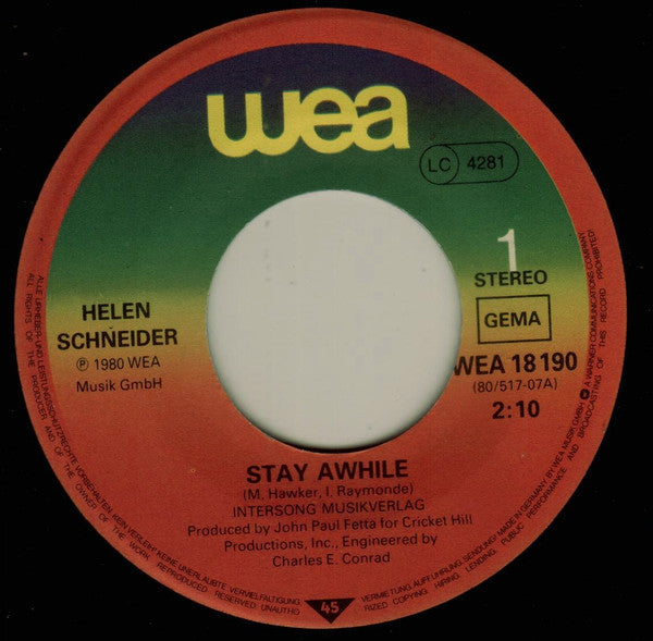 Helen Schneider : Stay Awhile / Hearts Of Stone (7", Single)
