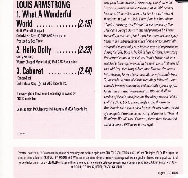 Louis Armstrong : What A Wonderful World / Hello Dolly / Cabaret (CD, Single)
