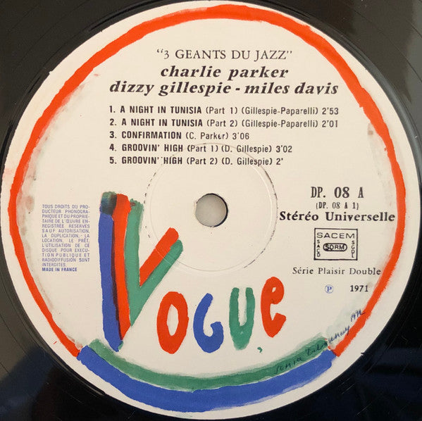 Charlie Parker, Miles Davis, Dizzy Gillespie : 3 Geants Du Jazz (2xLP, Comp)