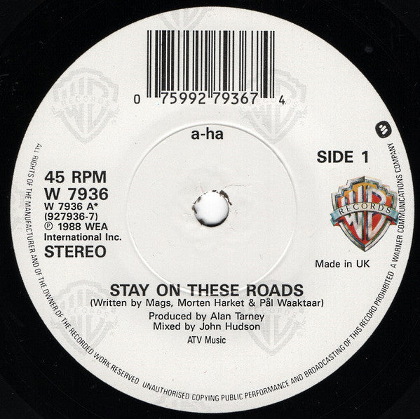 a-ha : Stay On These Roads (7", Single, Pap)