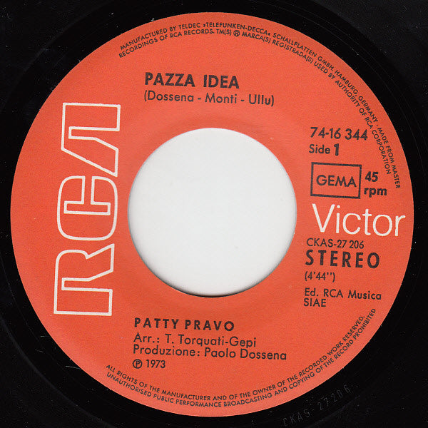 Patty Pravo : Pazza Idea / Morire Tra Le Viole (7")