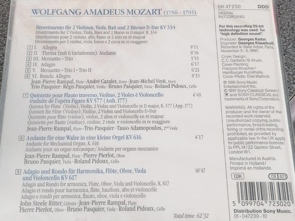 Wolfgang Amadeus Mozart, Jean-Pierre Rampal, Trio Pasquier, John Steele Ritter, Pierre Pierlot, Tasso Adamopoulos, André Cazalet, Jean-Michel Vinit : Divertimento, K.334 - Adagio And Rondo, K.617 - Andante, K.616 - Quintet, K.557 (CD, Album)
