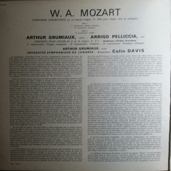 Wolfgang Amadeus Mozart, Arthur Grumiaux, Arrigo Pelliccia, London Symphony Orchestra / Sir Colin Davis : Symphonie Concertante K. 364 / Concerto Pour Violon K.211 (LP, RE, RP)