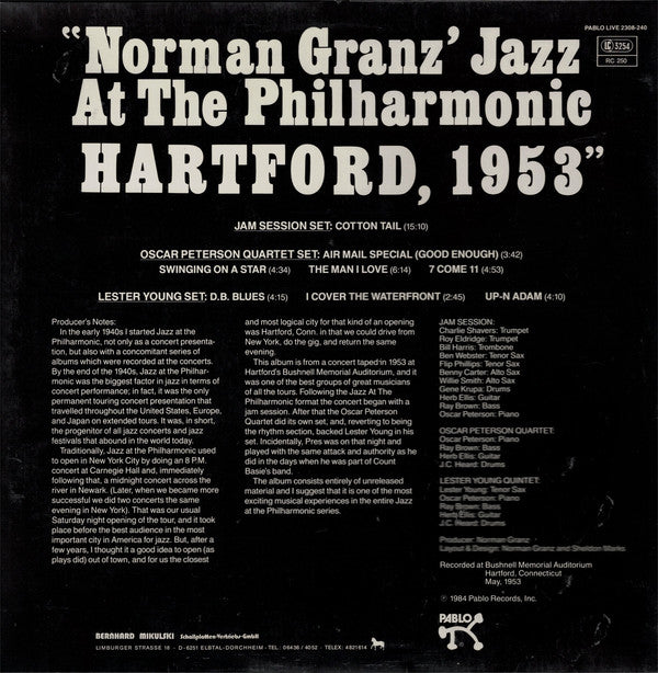 Various : Norman Granz' Jazz At The Philharmonic Hartford, 1953 (LP, Album, RE, Gat)