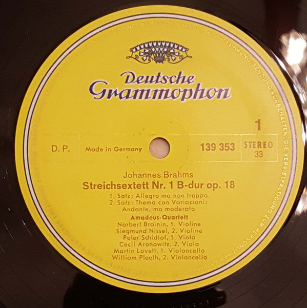 Johannes Brahms – Amadeus-Quartett · Cecil Aronowitz · William Pleeth : Streichsextett Nr. 1 B-dur Op. 18 (LP, RE)