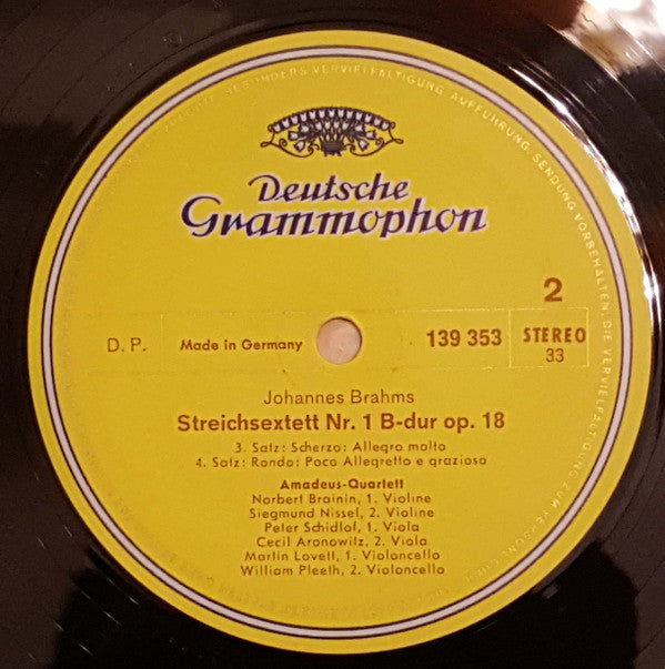 Johannes Brahms – Amadeus-Quartett · Cecil Aronowitz · William Pleeth : Streichsextett Nr. 1 B-dur Op. 18 (LP, RE)