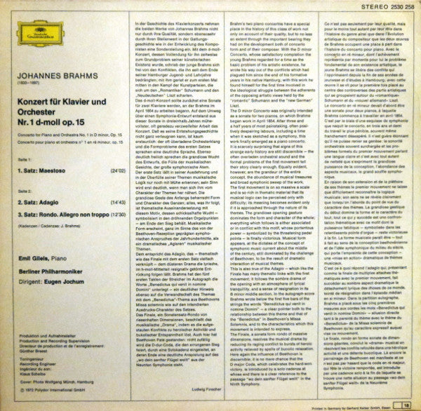 Johannes Brahms – Emil Gilels · Berliner Philharmoniker · Eugen Jochum : Klavierkonzert Nr. 1 d-moll Op. 15 (LP, Gat)