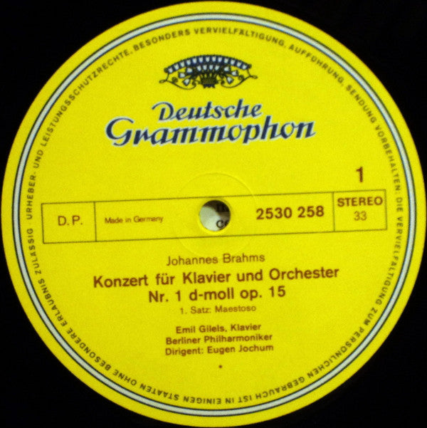 Johannes Brahms – Emil Gilels · Berliner Philharmoniker · Eugen Jochum : Klavierkonzert Nr. 1 d-moll Op. 15 (LP, Gat)