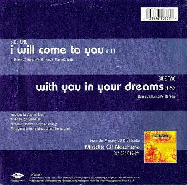 Hanson : I Will Come To You (7", Single)