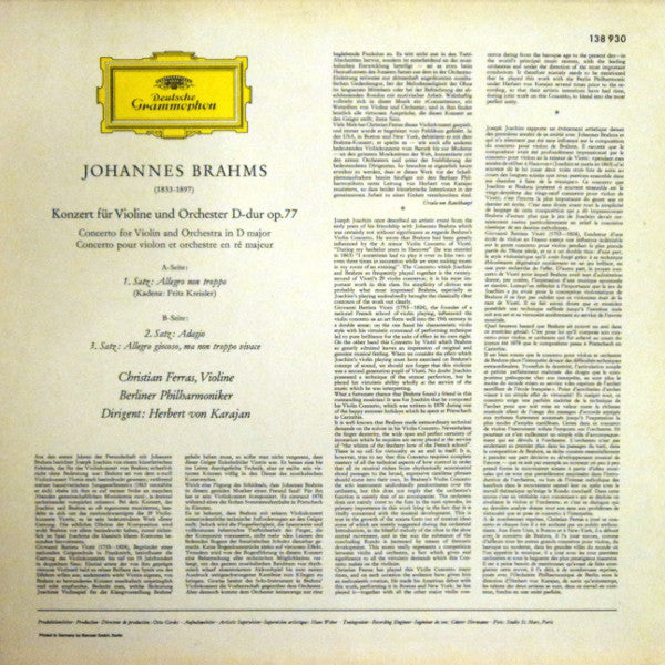 Johannes Brahms – Christian Ferras · Herbert von Karajan - Berliner Philharmoniker : Konzert Für Violine Und Orchester D-Dur (LP, Album, RP)