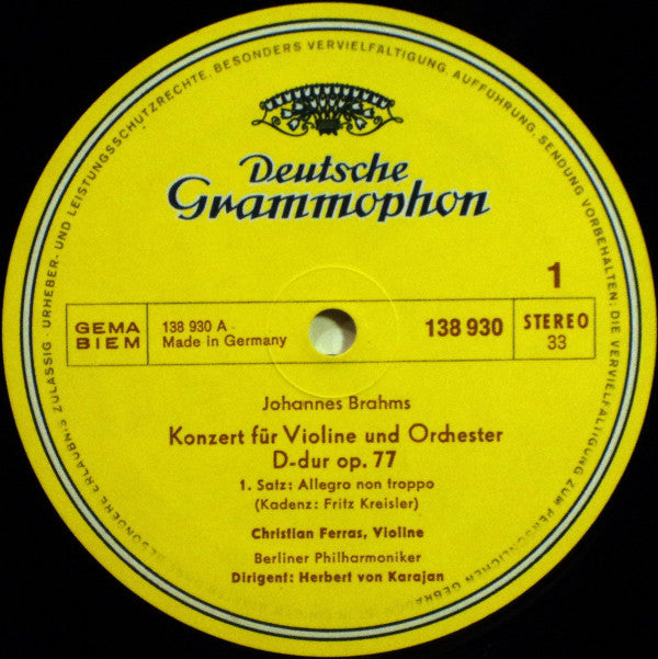 Johannes Brahms – Christian Ferras · Herbert von Karajan - Berliner Philharmoniker : Konzert Für Violine Und Orchester D-Dur (LP, Album, RP)