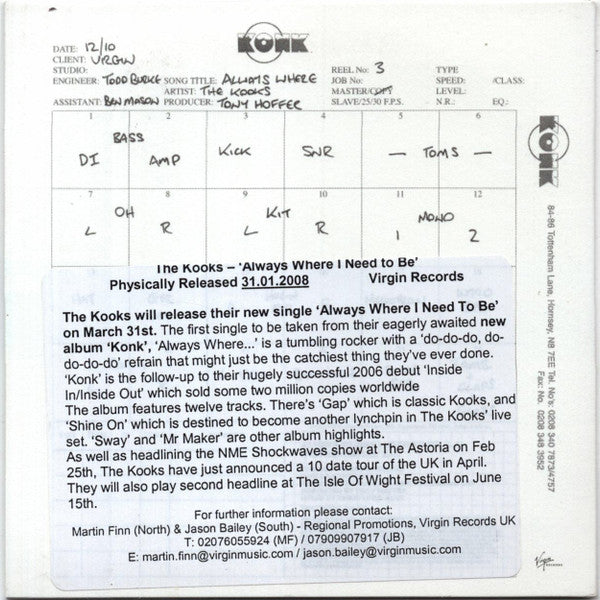 The Kooks : Always Where I Need To Be (CD, Single, Promo)