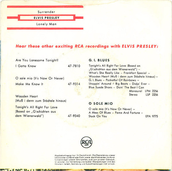 Elvis Presley : Surrender (Torna A Surriento) (7", Single)