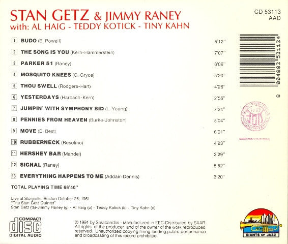 Stan Getz & Jimmy Raney : At Storyville, Boston, October 28, 1951 (CD, Comp, RE)
