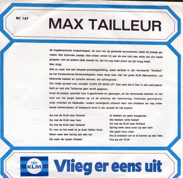 Max Tailleur Zingt Met Het KLM Mannenkoor : Vlieg Er Eens Uit (7")