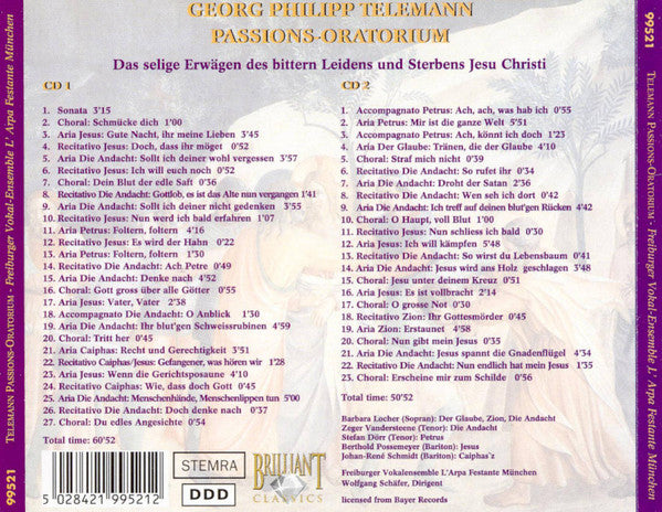 Georg Philipp Telemann - Freiburger Vokalensemble, Barockorchester L'Arpa Festante : Passions-Oratorium (2xCD, Album, RE)