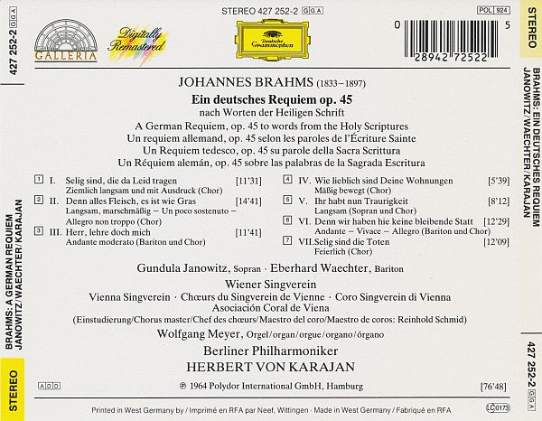 Johannes Brahms - Gundula Janowitz, Eberhard Wächter, Wiener Singverein, Berliner Philharmoniker, Herbert von Karajan : Ein Deutsches Requiem (A German Requiem • Un Requiem Allemand) (CD, Album, RE, RM)
