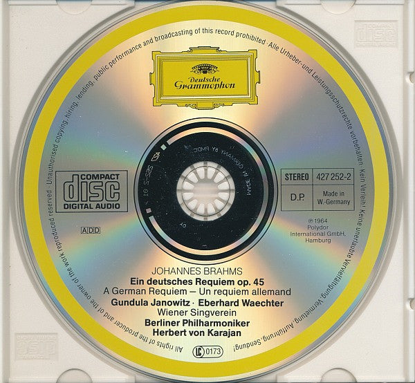 Johannes Brahms - Gundula Janowitz, Eberhard Wächter, Wiener Singverein, Berliner Philharmoniker, Herbert von Karajan : Ein Deutsches Requiem (A German Requiem • Un Requiem Allemand) (CD, Album, RE, RM)