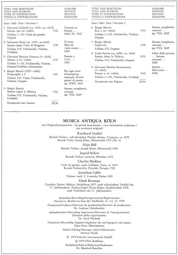 Musica Antiqua Köln • Reinhard Goebel : Frühe Italienische Violinmusik · Early Italian Violin Music · Antiche Musiche Per Violino · Musique Italienne Ancienne Pour Violon (LP, Album)