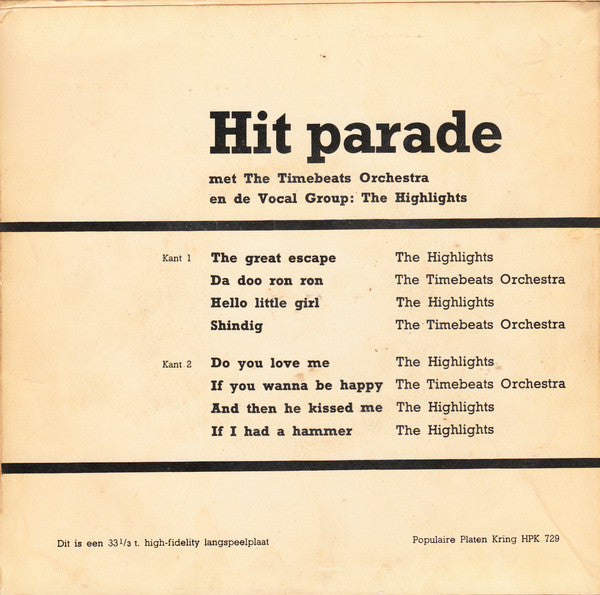 The Timebeats En De Vocal Group The Highlights (2) : Hit Parade (7", EP)