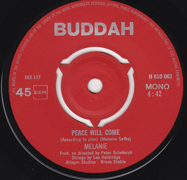 Melanie (2) : Peace Will Come (According To Plan) (7", Single, Mono)