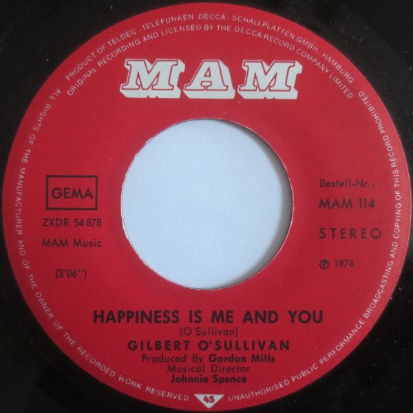 Gilbert O'Sullivan : Happiness Is Me And You / Breakfast, Dinner And Tea (7", Single)
