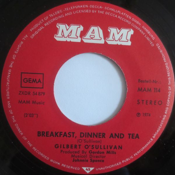 Gilbert O'Sullivan : Happiness Is Me And You / Breakfast, Dinner And Tea (7", Single)