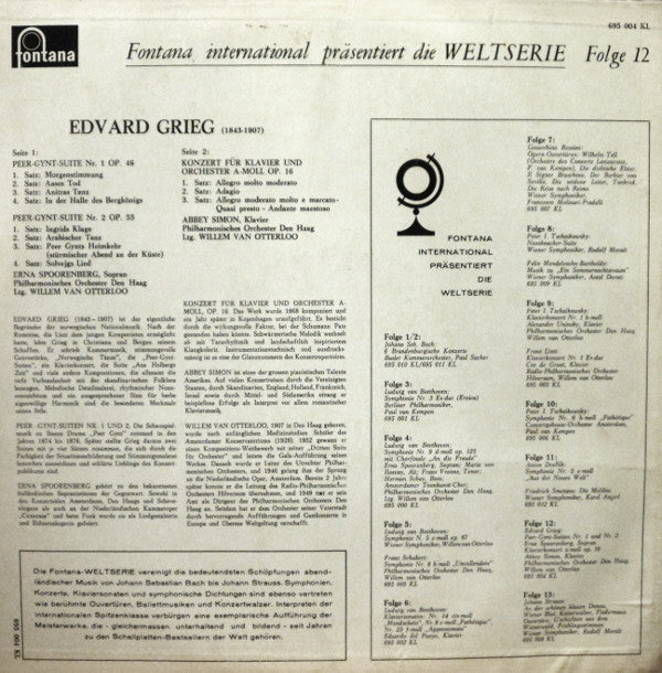Edvard Grieg — Erna Spoorenberg , Sopran / Abbey Simon , Klavier - The Hague Philharmonic, Willem Van Otterloo : Peer-Gynt-Suiten Nr. 1 Und 2 / Klavierkonzert (LP, Mono)