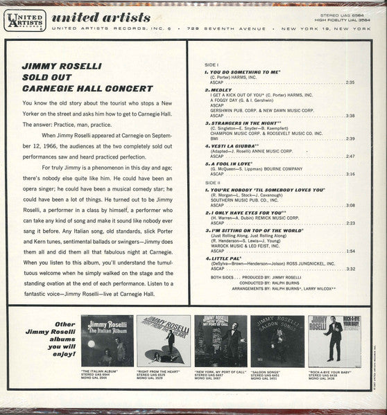 Jimmy Roselli : Sold Out Carnegie Hall Concert (LP, Album)