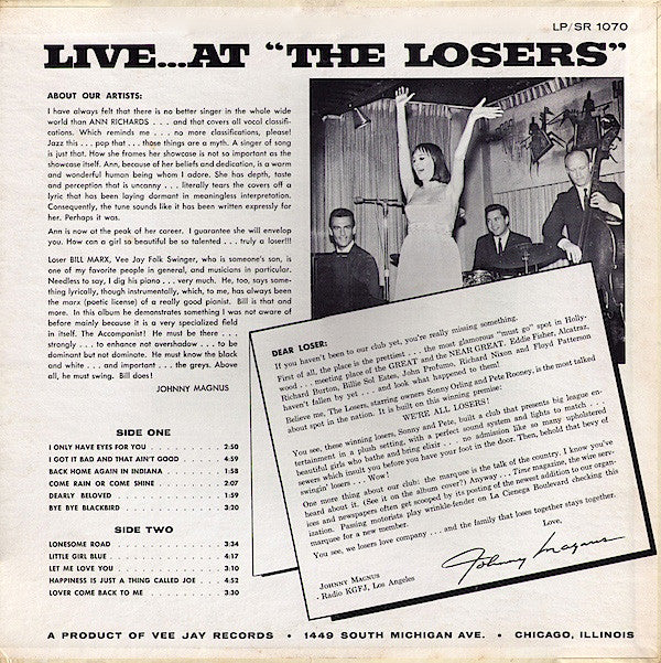 Ann Richards And The Bill Marx Trio : Live At The Losers (LP, Album)
