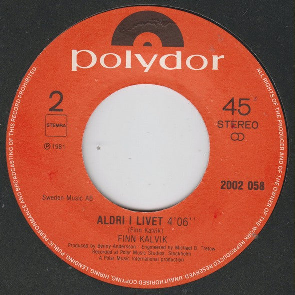 Finn Kalvik : Here In My Heart - Aldri I Livet (7", Single)