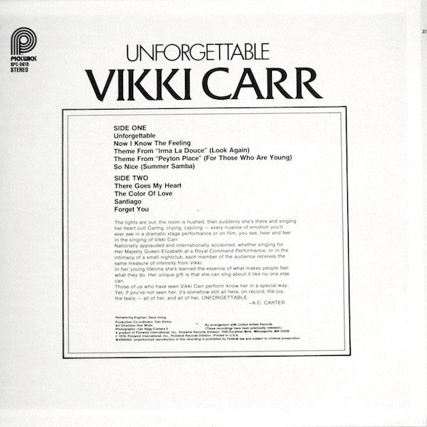 Vikki Carr : Unforgettable (LP, Comp)