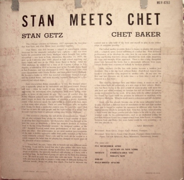 Stan Getz, Chet Baker : Stan Meets Chet (LP, Album, Mono)