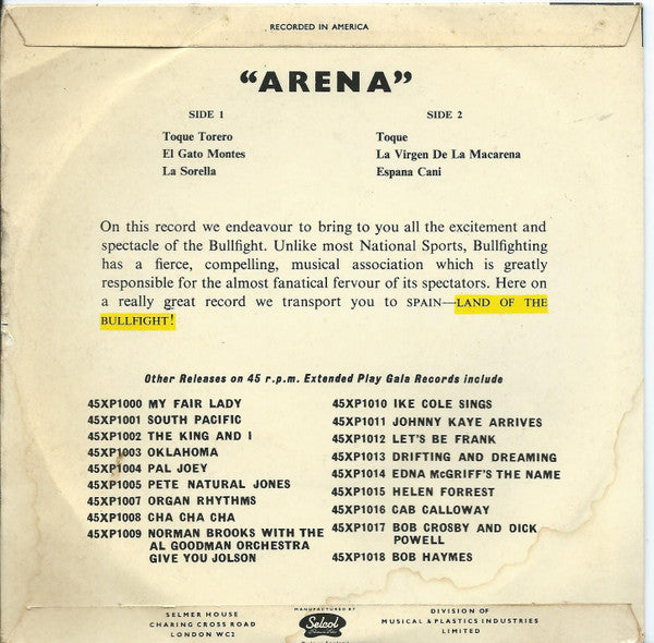 Unknown Artist : Arena! Music For The Bullfight (7", EP)