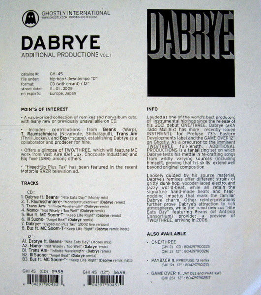 Dabrye : Additional Productions Vol. 1 (12", TP)