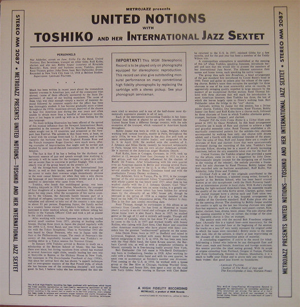 Toshiko And Her International Jazz Sextet : United Notions (LP, Album, RE)