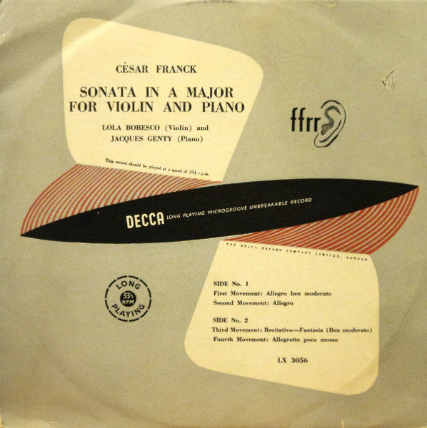 César Franck - Lola Bobesco* and Jacques Genty : Sonata In A Major For Violin And Piano (10", Mono)